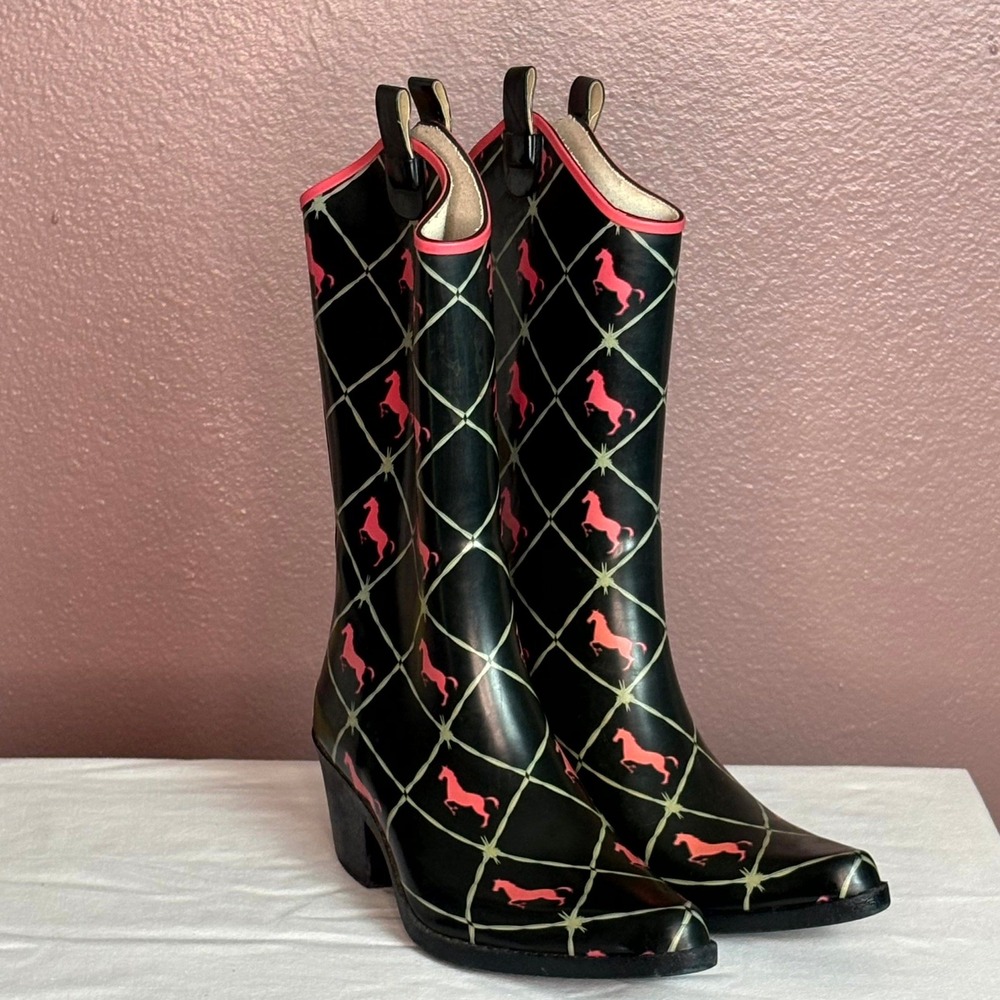 Bit & Bridle Black Pink Horse Western Cowboy Rubber Rain Boots Women's Size 8